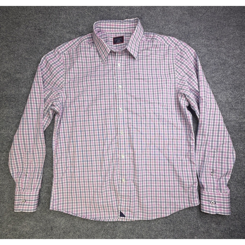 UNTUCKit Shirt Mens L Pink Blue Check Slim Fit Wrinkle Free Cotton Button Down